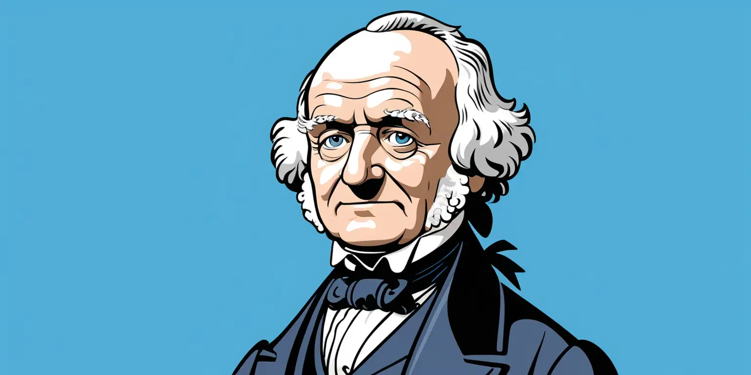 Cartoon Portrait of Martin Van Buren on Solid Blue Background