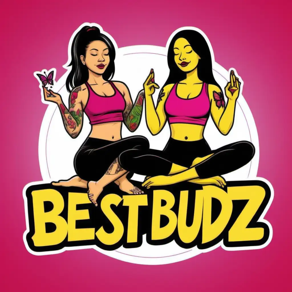 a logo of two hispanic females doing yoga smoking, one in a yellow outfit and the other in a black outfit, with a hot pink cannibus leaf in the background and the phrase 'Best Budz' in a fun font. The female in the yellow outfit has a tattoo of a butterfly on her left shoulder, and the female in the black outfit has a tattoo of a rose on her right ankle.
