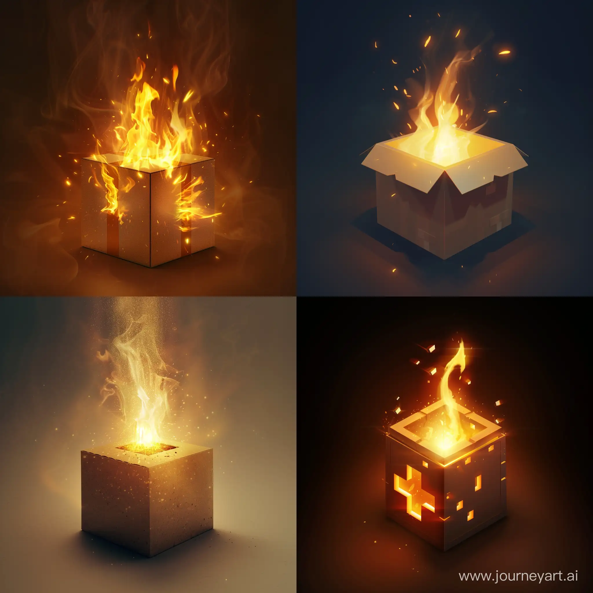 یک آیکون برام طراحی کن به صورت سه بعدی باشد و یک بسته مکعبی باشد از جنس کارتن که در آن باز شده نور بیرون تابیده و یک آتش از ان بیرون آمده 