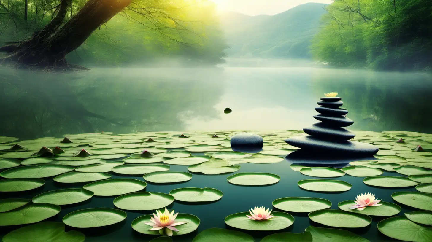 a zen imagine with stones, lake, water, water lilly