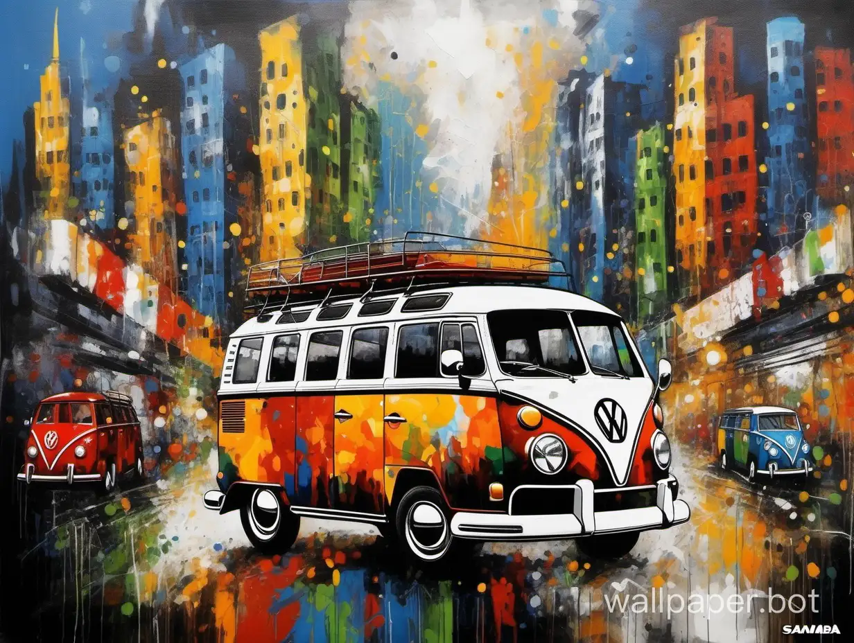 Volkswagen samba abstract painting big city, various colors