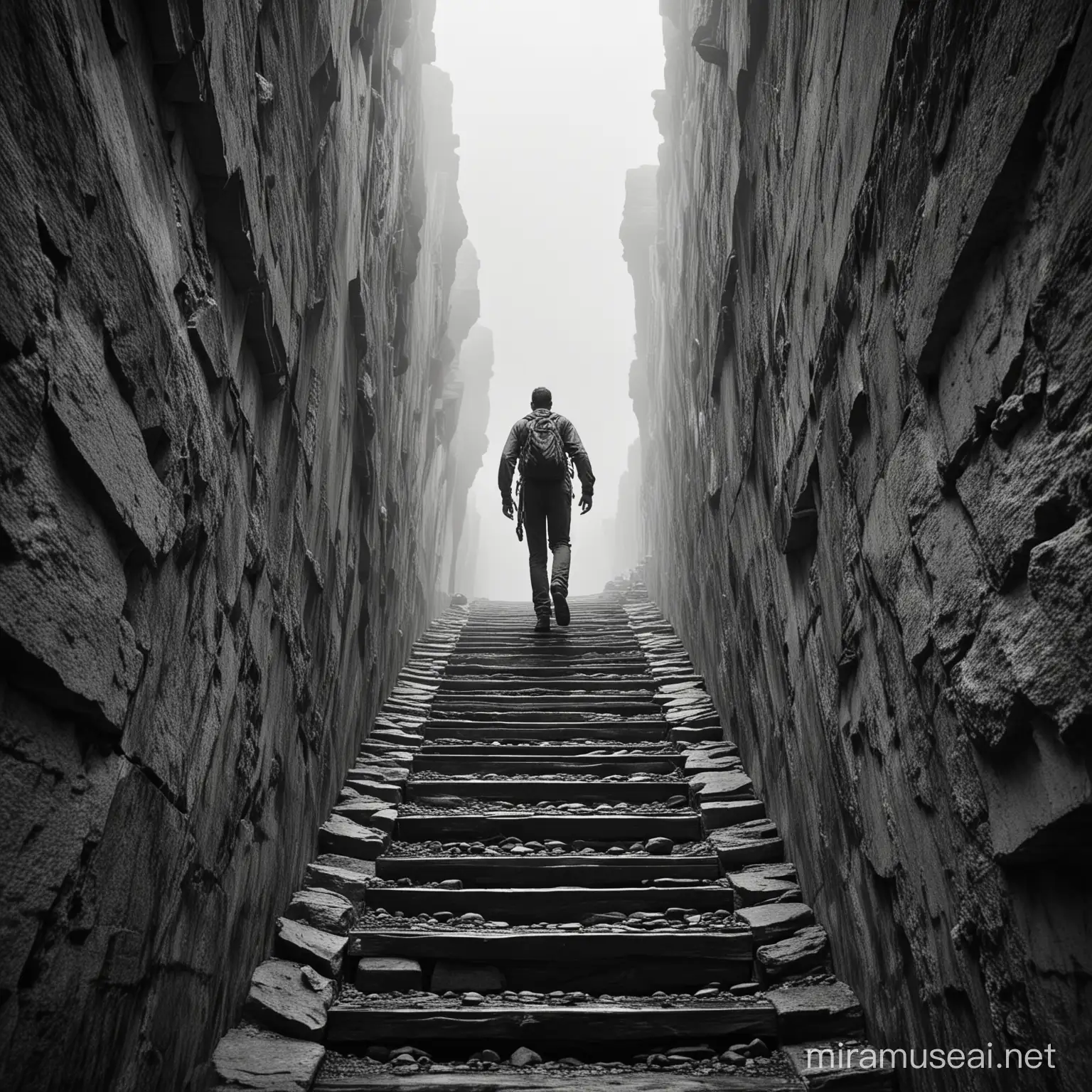  "Create an inspiring image of a rugged, masculine man climbing an infinite staircase with sheer will and determination radiating from his every step. The man should exude strength, resilience, and unwavering resolve as he conquers the seemingly endless ascent. Capture the essence of his indomitable spirit and relentless pursuit of progress against all odds."