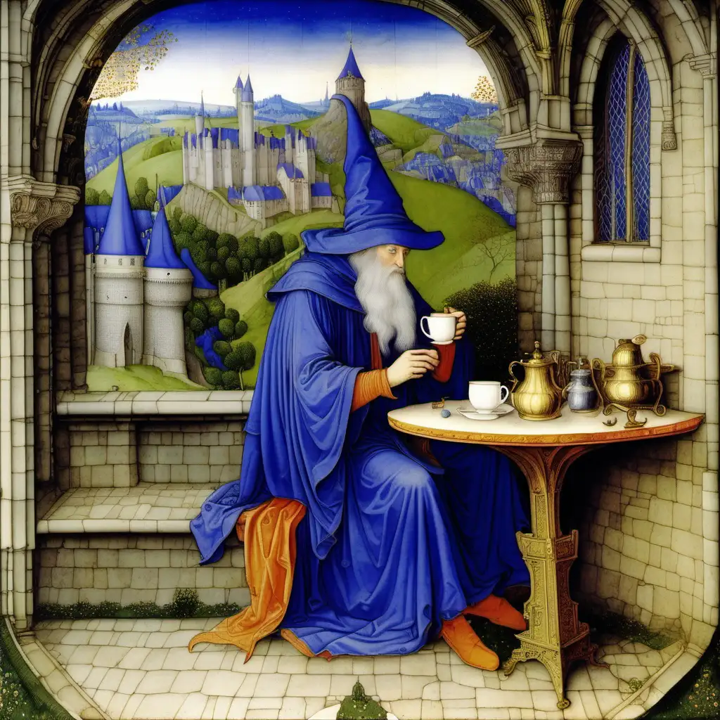 limbourg brothers painting depicting a wizard drinking coffee