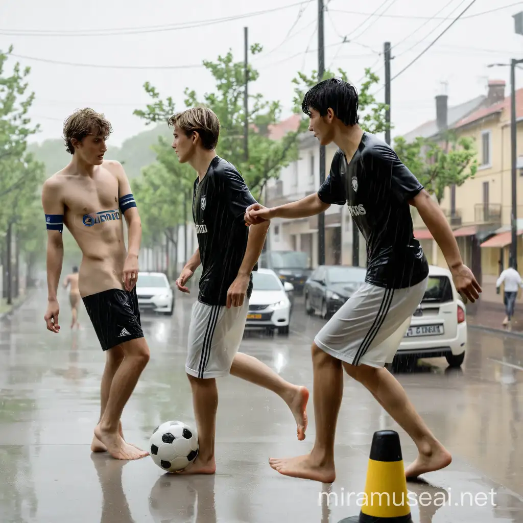 Playful Children on Rainy Street with Soccer Ball