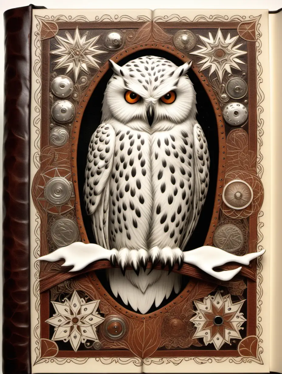 front aligned view of the narrow border of small designs of a blank book covered in leather in the theme "snowy owl"