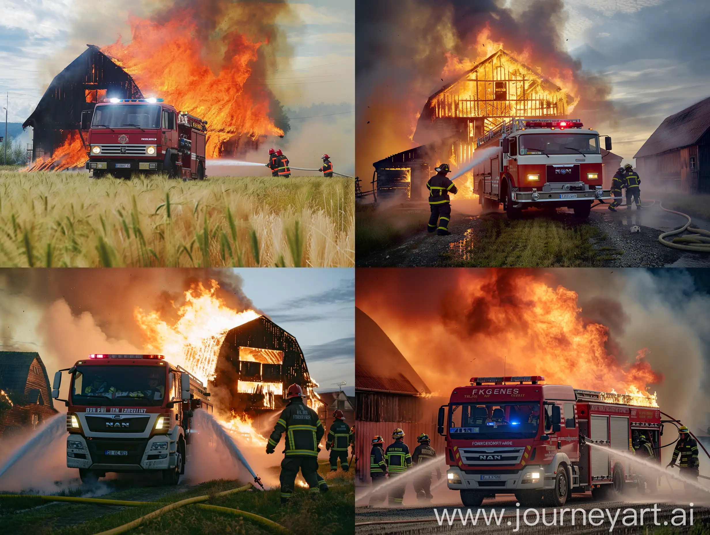 Generate realistic photo of firemen, Slovenian firetruck, no license plates, putting down fire on a mid large barn, rescuing people, daylight