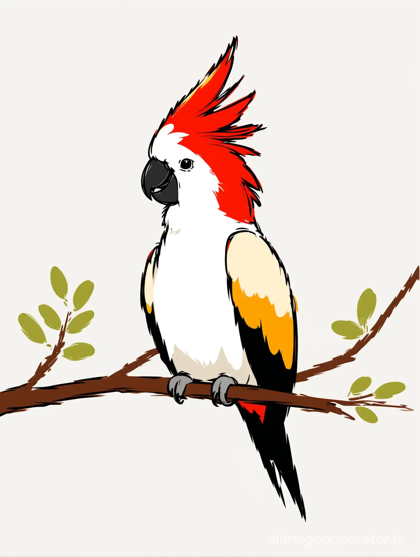 разноцветный какаду с красным хохолком сидит на ветке в профиль, плоская лайновая иллюстрация на белом фоне