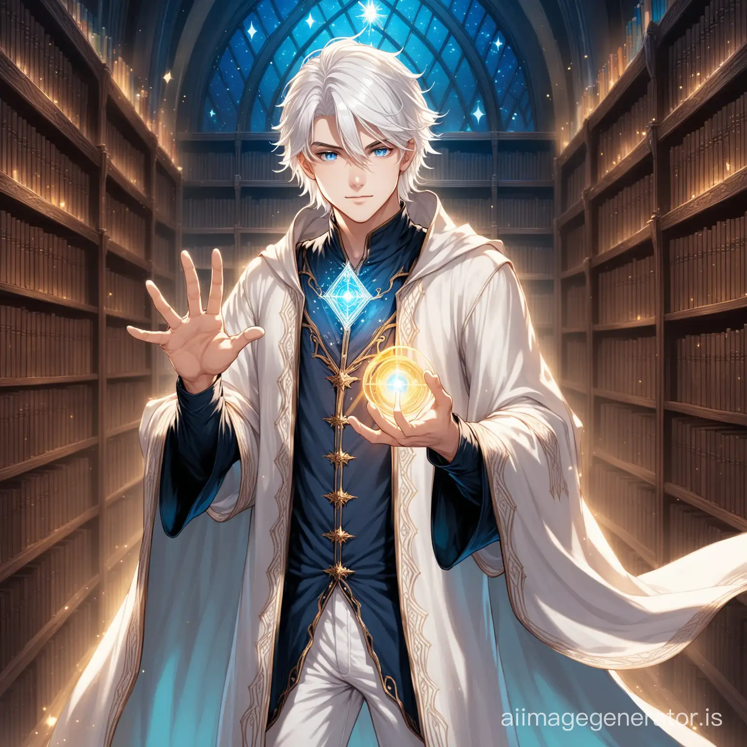 1 boy, wizard, blue eyes, cloak, hair between eyes, long sleeves, looking at the viewer, male magic, pants, shirt, solo, white hair, white pants. Background: fantasy magical library. Attention to details, attention to small details. (Five fingers)