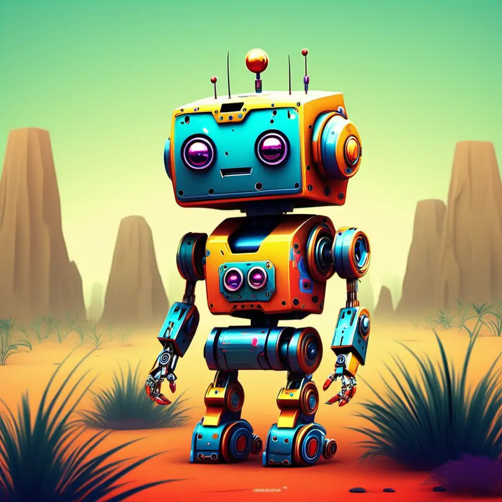 Adorable Robot Safari Adventure Colorful Digital Illustration