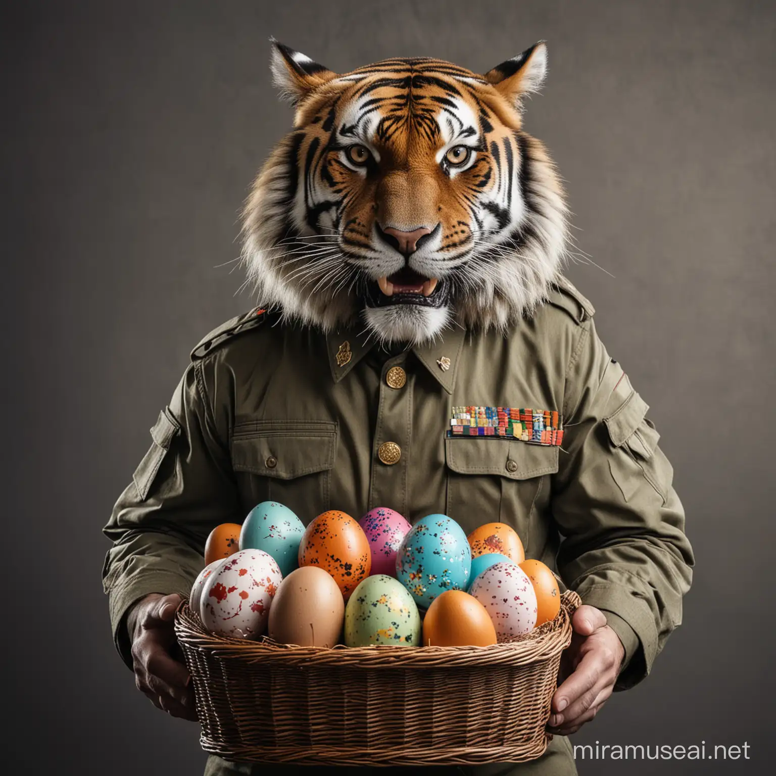 angry muscular tiger in military uniform, he holds the basket with Easter eggs, dramatic graphic
