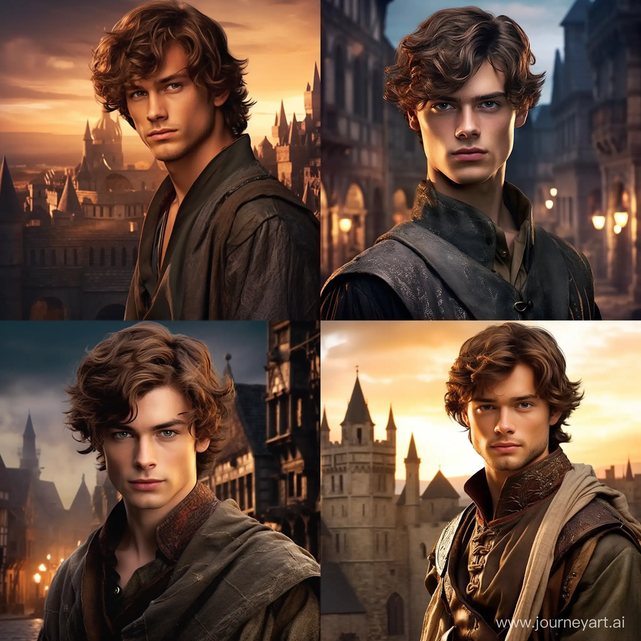 Generate an image set against the backdrop of a medieval city, portraying a 22-year-old governor's son with tousled brown hair, gray eyes, and a rugged face marked by subtle wrinkles. Include a gemstone hanging around his neck, radiating a mystical glow. Capture his confident presence and alluring charm within the enchanting atmosphere of a medieval urban landscape, fantasy,4k,lotr,v5