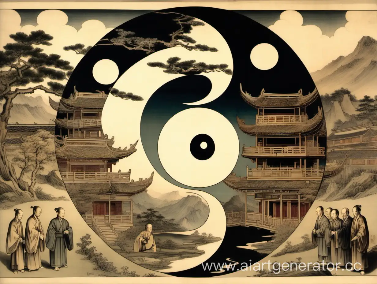 Philosophers-in-Glowing-Yin-and-Yang-Circle-Amidst-Chinese-Houses