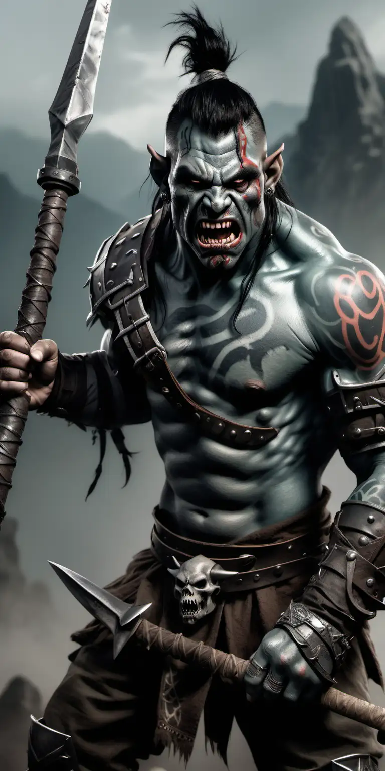 An angry half-orc fighter with grey skin, sharp teeth, war paint on his face, tatoos, and a wound on his throat. He is holding a glaive on a pole. He is wearing armor.