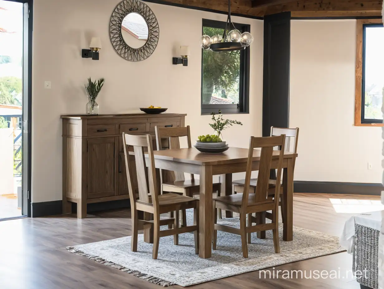 - Replacing the walls in the image with a light, white stucco look.
- Removing a black post located in the corner of the image.
- Replacing the current view visible through the windows.

improve the quality of the background while keeping the emphasis on the subject (dining table, chairs, and sideboard)