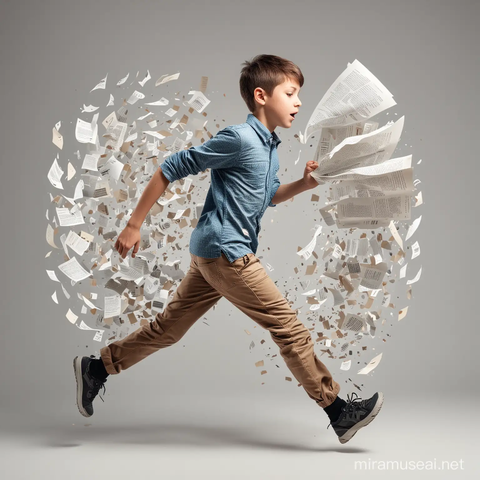 Energetic Boy Running with Scattered Pages