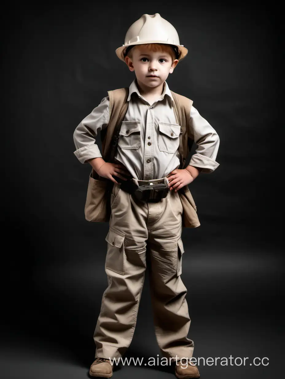 full-length boy in archaeologist's clothes, hands hidden back