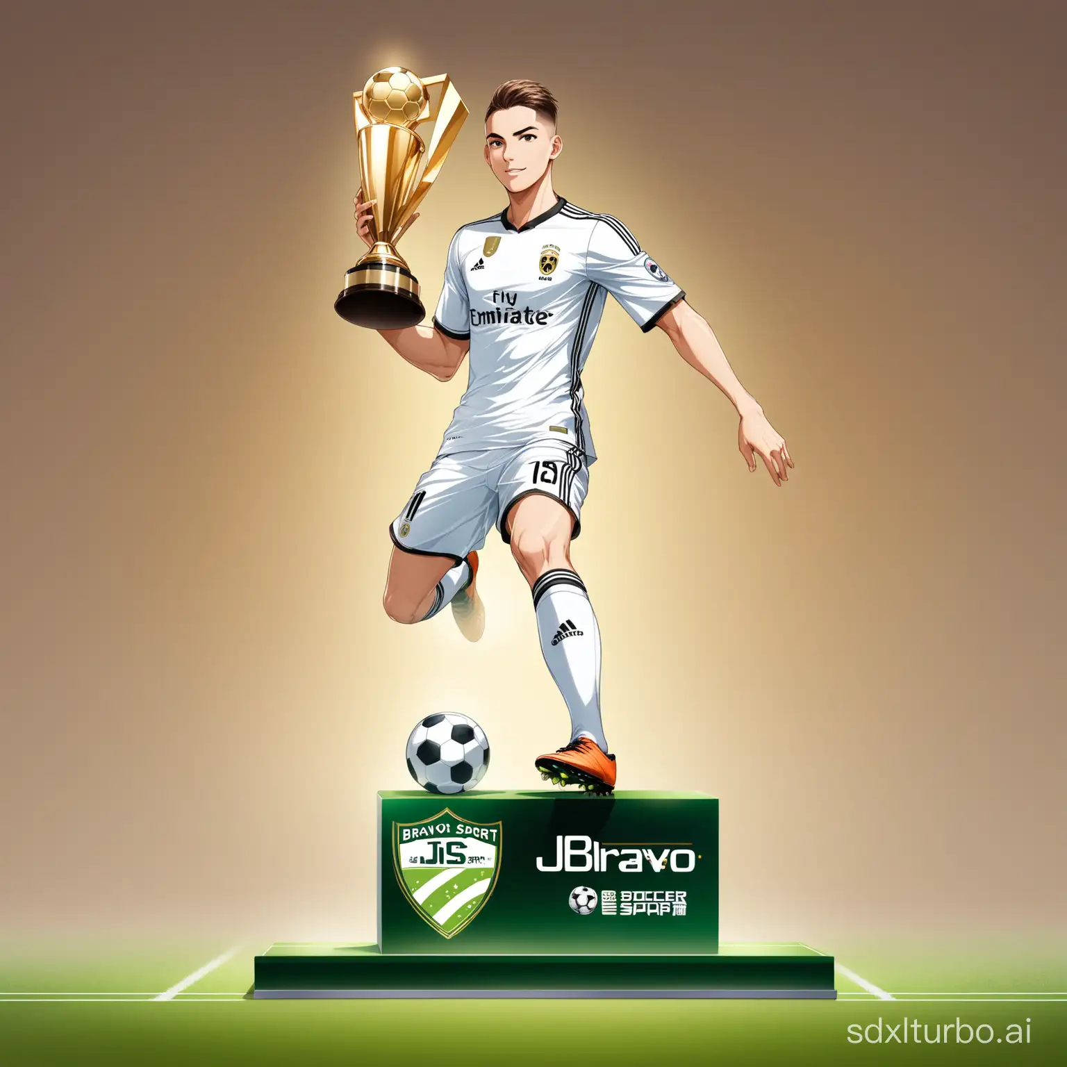 You as an expert in graphic design, create for me a soccer player 11 receiving a trophy and on the back, there is a sign that says the name of JS BRAVO SPORT