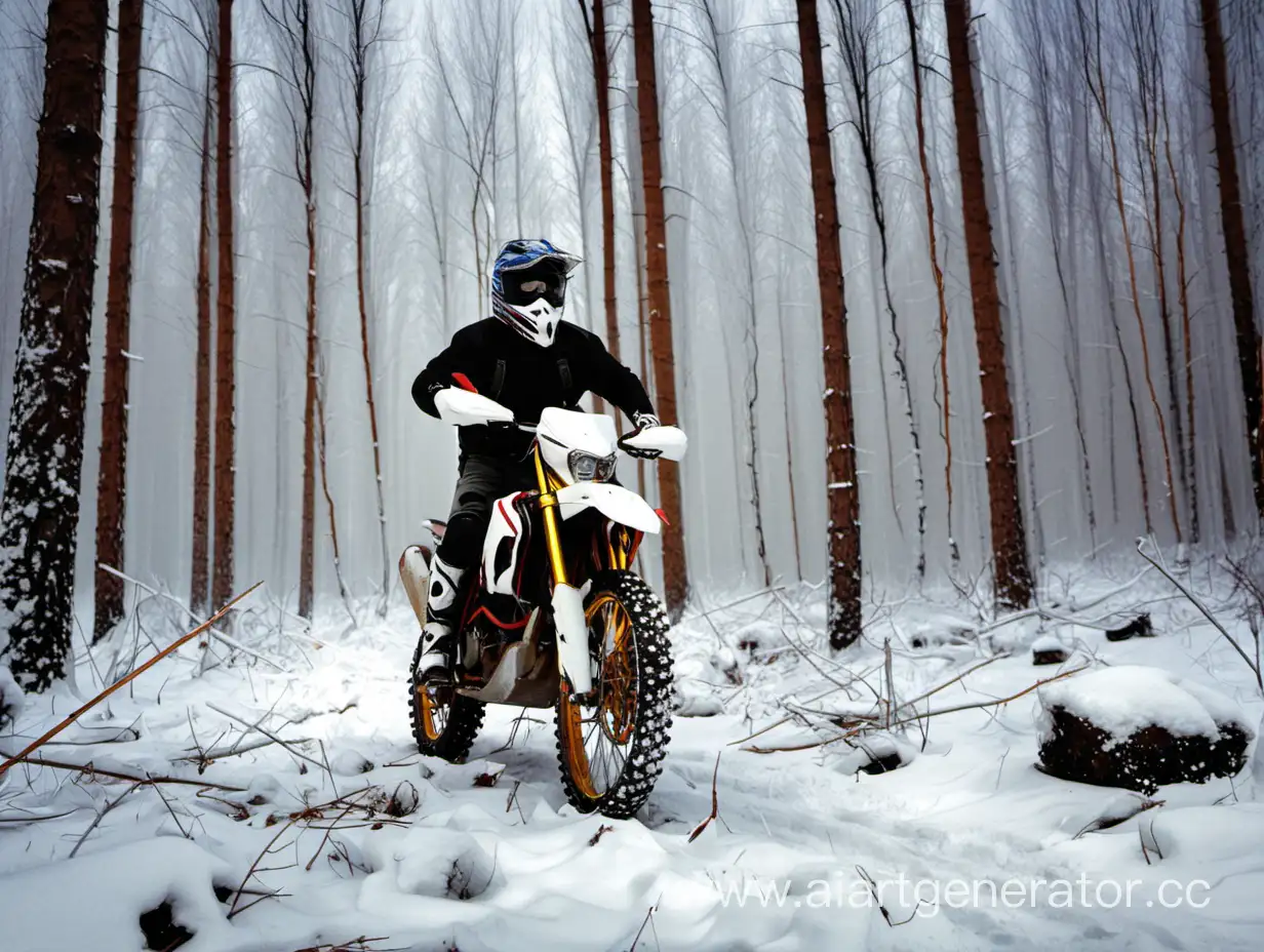 Эндуро мотоциклист в зимнем лесу