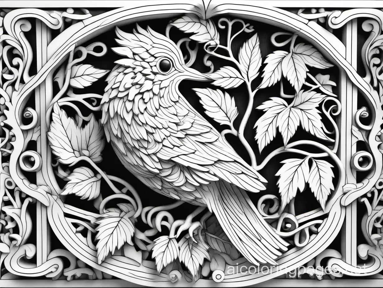 a beautiful bird, infinite detail, wood carving with intricate background detail, 3d, ornate wood carving background, vines, wine grapes, Coloring Page, black and white, line art, white background, Simplicity, Ample White Space. The background of the coloring page is plain white to make it easy for young children to color within the lines. The outlines of all the subjects are easy to distinguish, making it simple for kids to color without too much difficulty