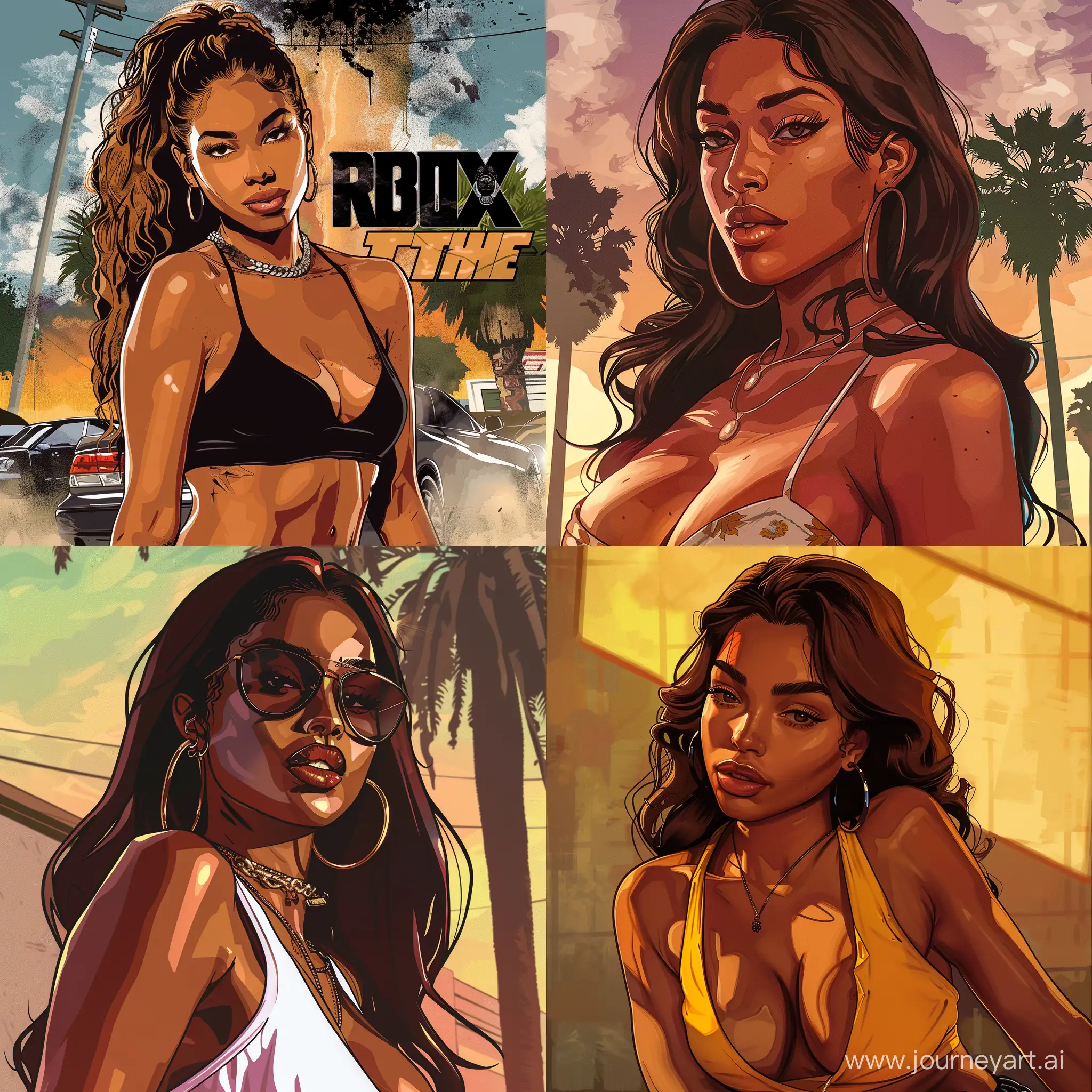 I'm creating an r&b event flyer and would like the background to be a sexy brown woman , in the style of grand theft auto artwork