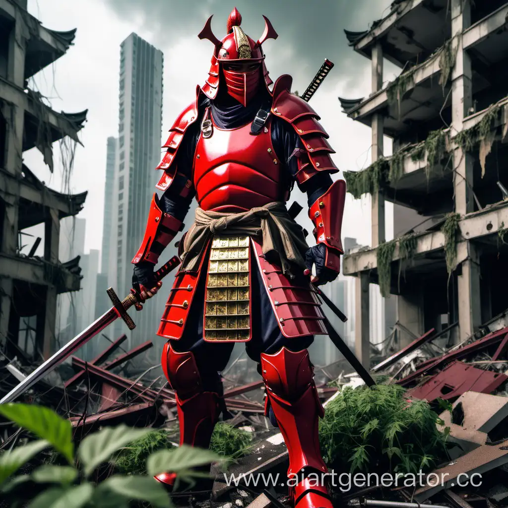 Самурай в красных доспехах в шлеме коринфского легионера с современным оружием в руках стоит посреди разрушенного заросшего города