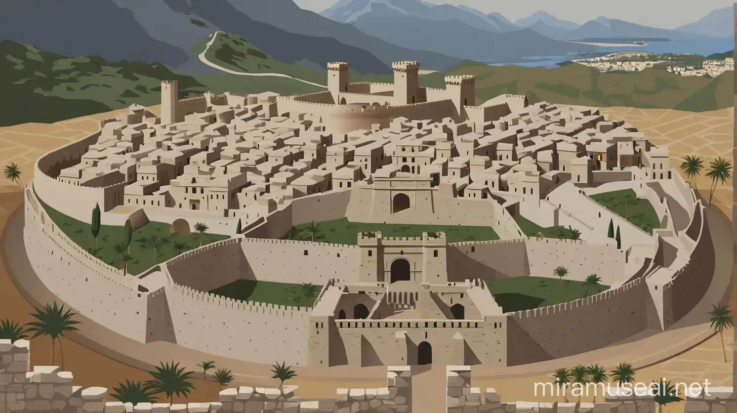 Mixed style of flat vector art and travel poster: recreation of ancient fortified city of Mari with ancient internal rampart and ancient Phoenician dwellings and two circular city walls, one around the rampart and one around the whole town with city gate.