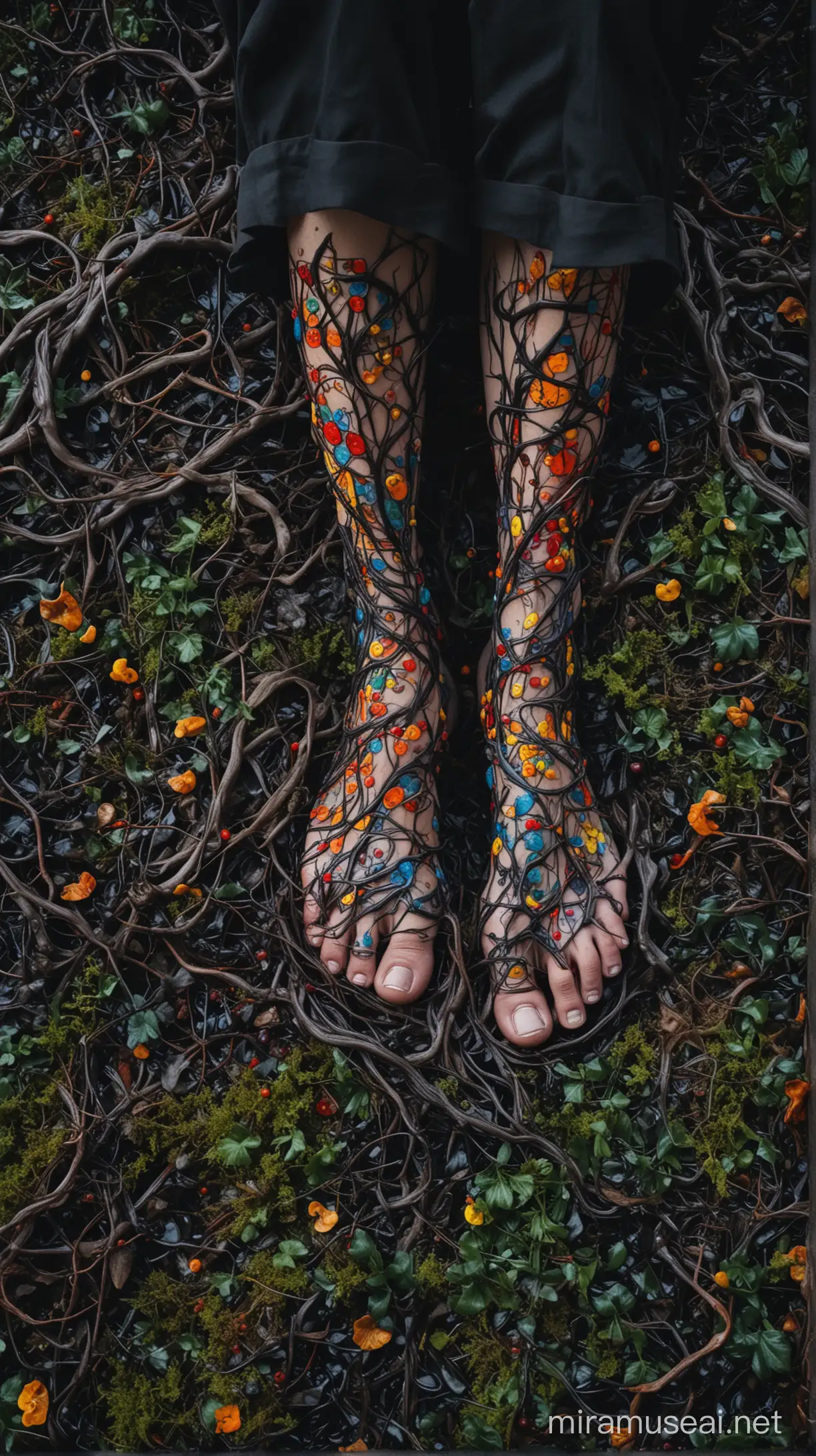 Surreal Foot Fungus Art Colorful Swirling Patterns with Twisted Vines