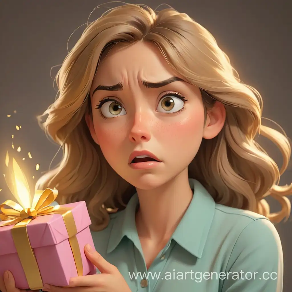 Apologetic-Cartoon-Woman-Offering-Open-Gift-with-Sorrowful-Expression