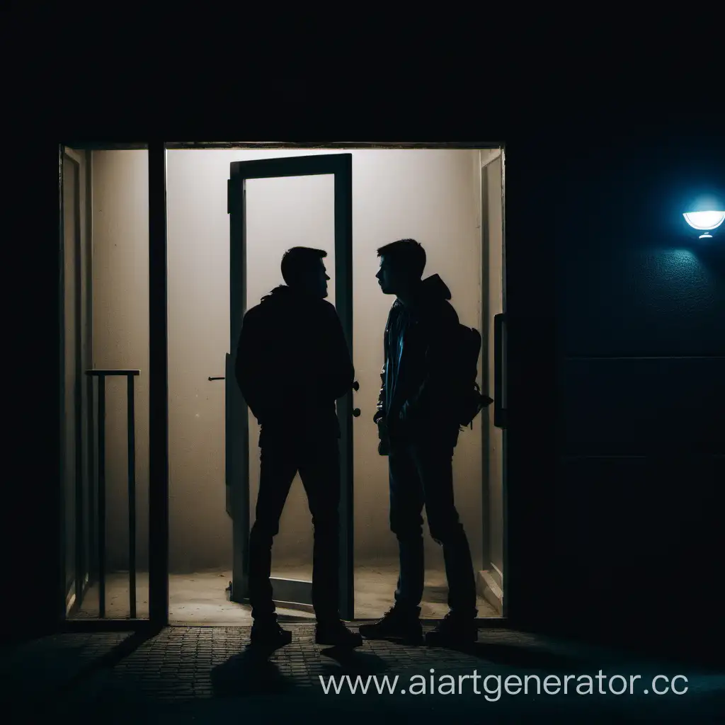 два парня разговаривают возле подъезда, лиц не видно, ночью, свет приглушенный, обстановка пугающая