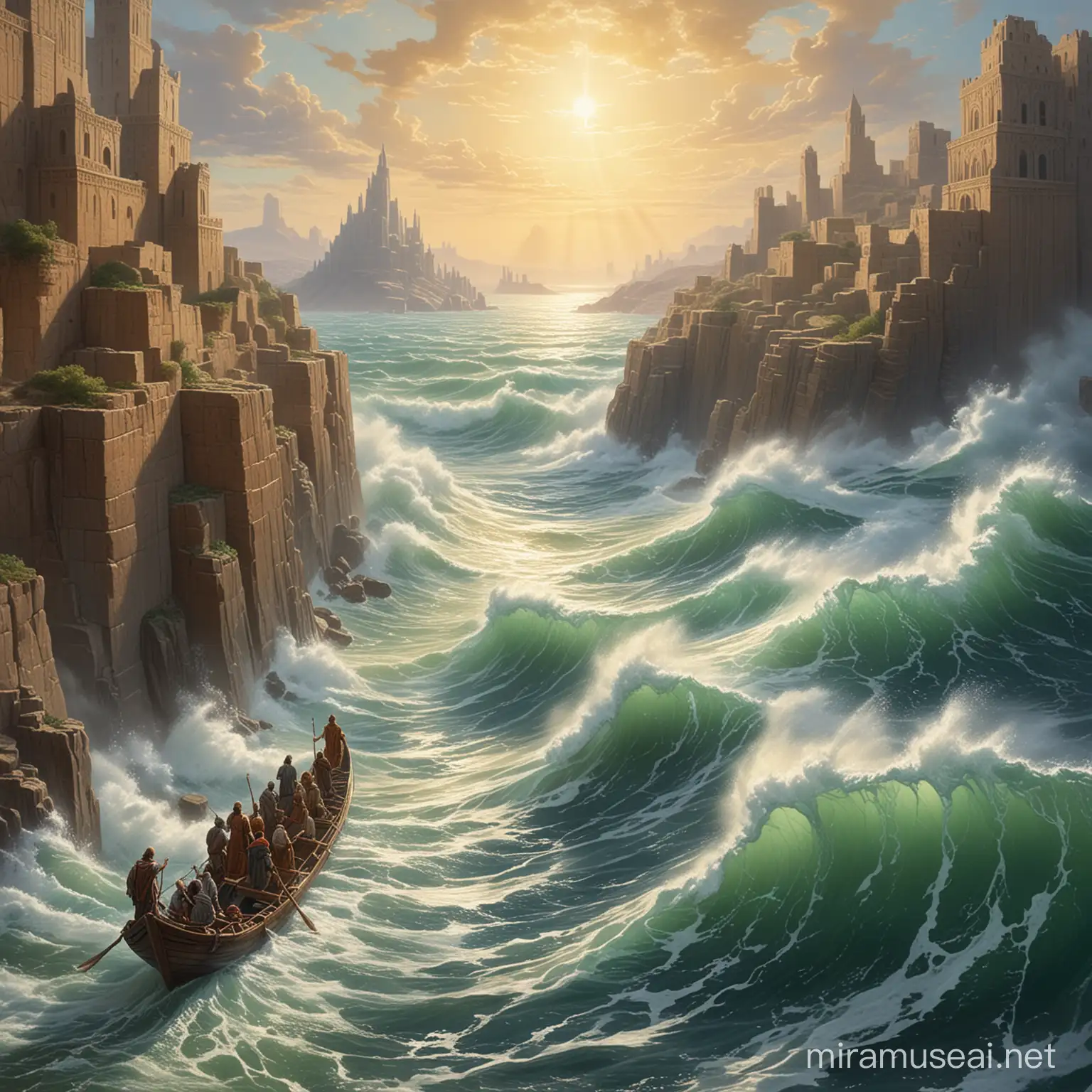 Moses Leading Hebrews Through Split Sea with Sunlit Path