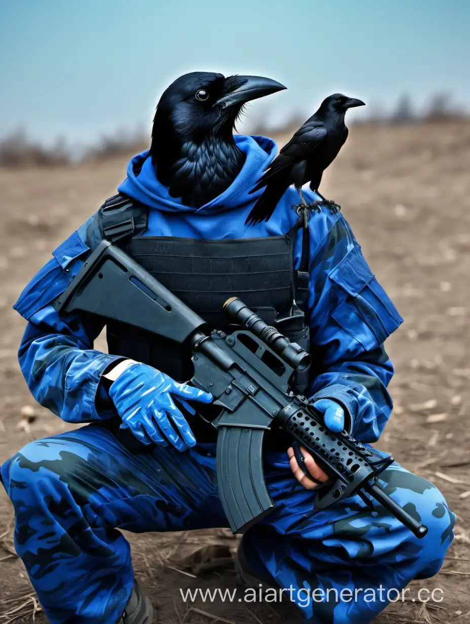 Blue-Camouflage-Armed-Person-with-Crow