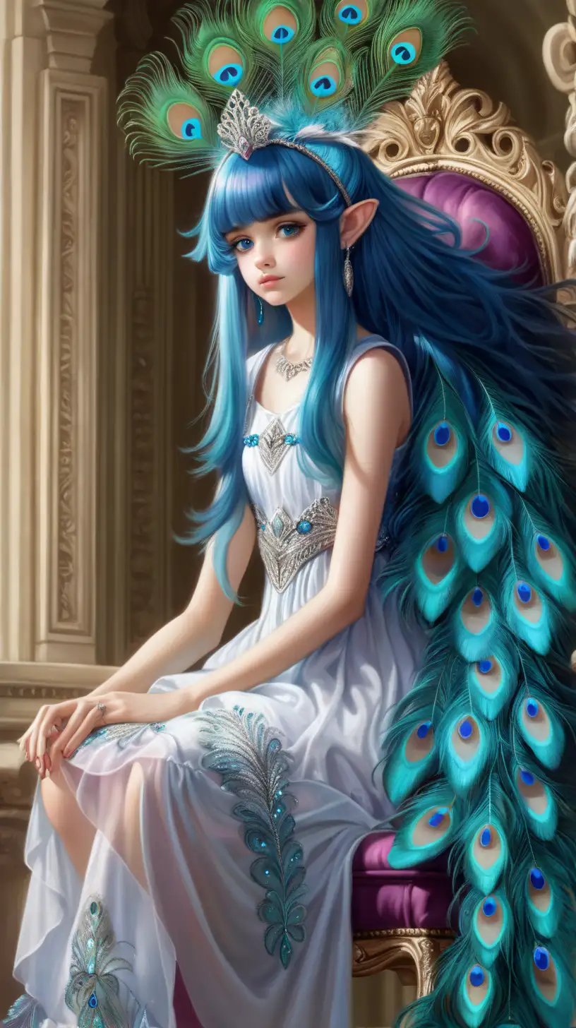 Enchanting PixieEared Girl in Peacock Feather Dress on Bird Perch