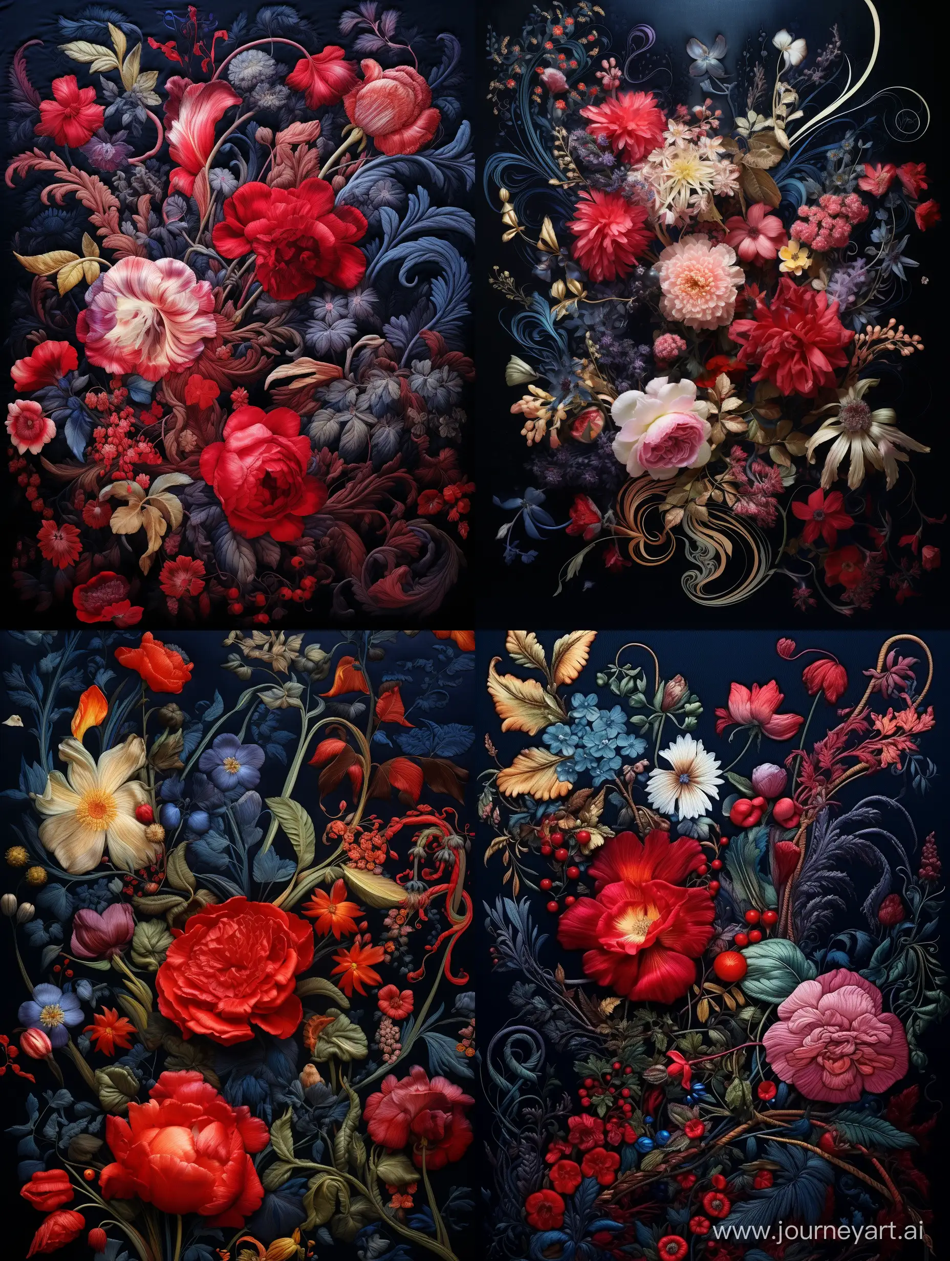 a painting of flowers floating in mid-air, in the style of baroque ornate and dramatic compositions, realistic color schemes, embroidery, caravaggesque chiaroscuro, detailed wildlife, dark blue and red, ornate embroidery