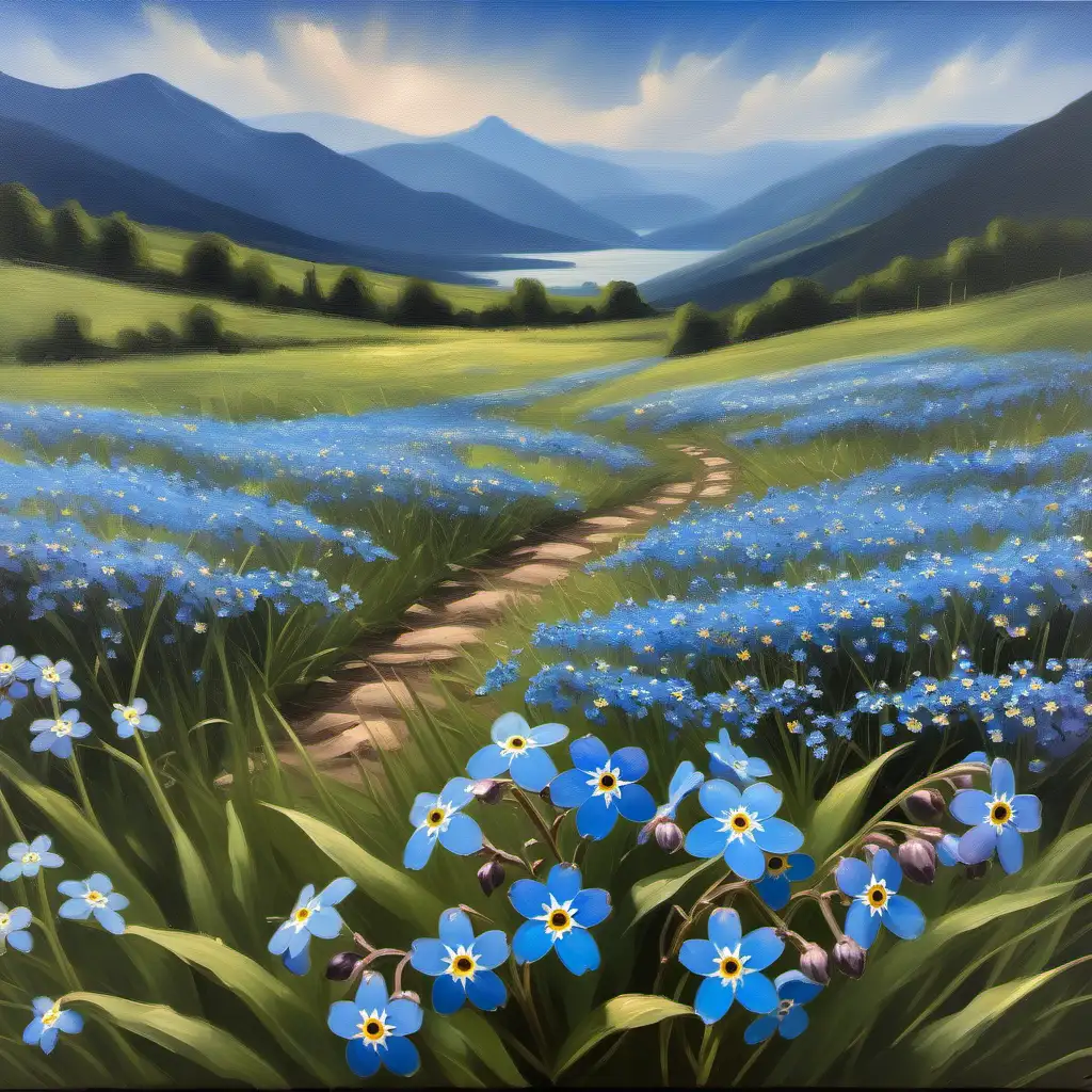 Vibrant Oil Painting of ForgetMeNot Flowers in Mountainous Landscape
