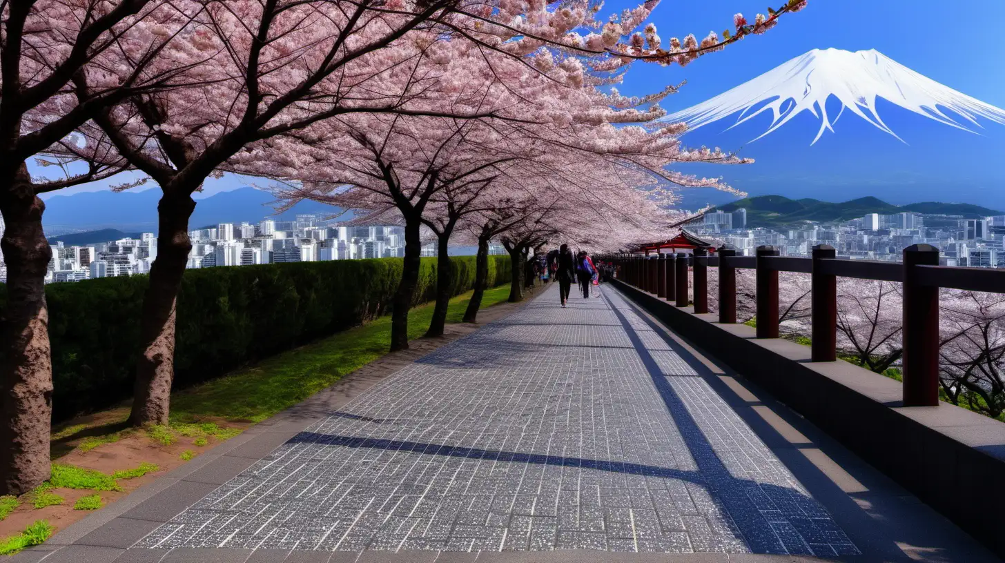 Japanese Cherry Blossoms, paved footpath, mountain