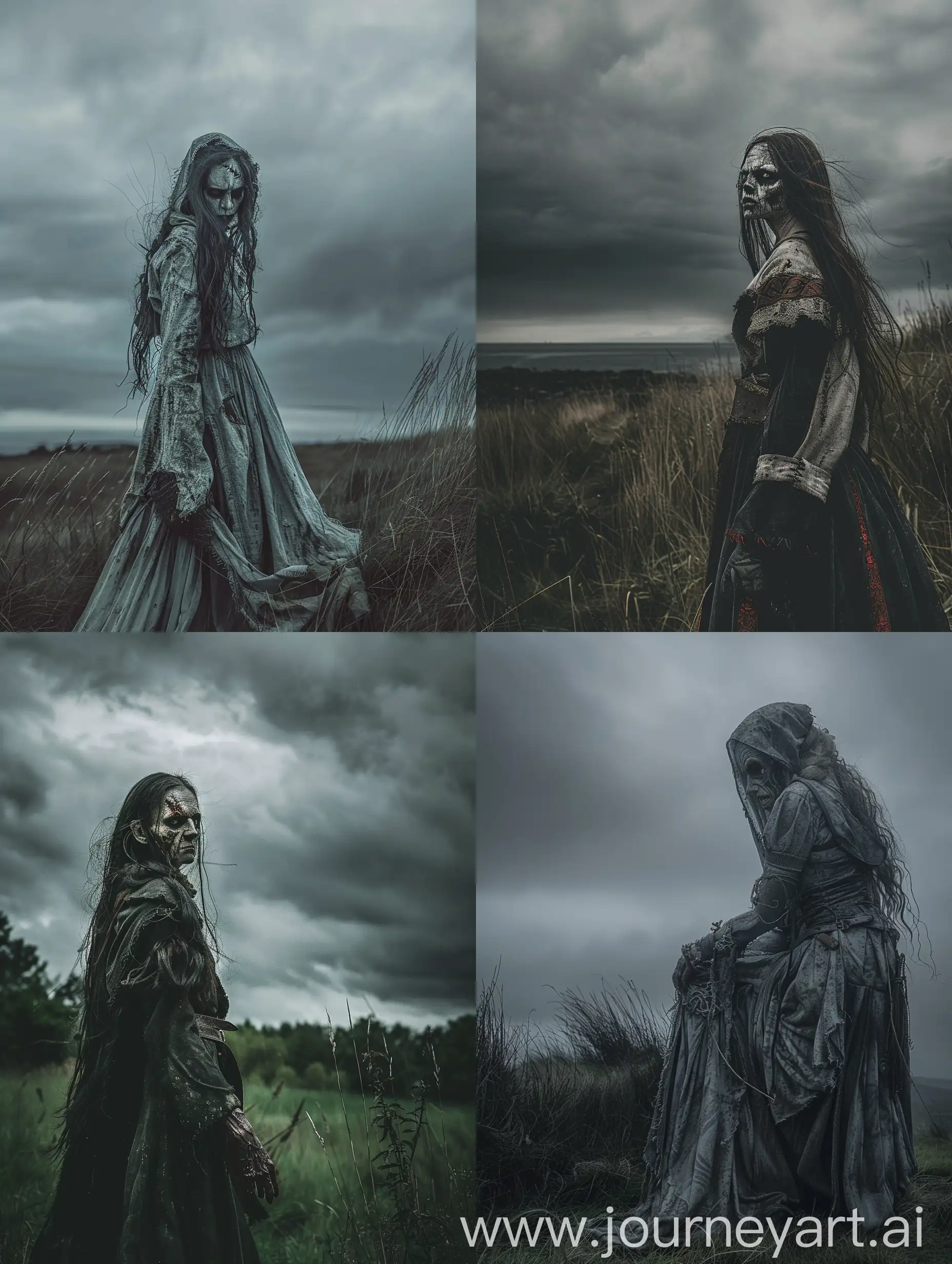 Undead Viking witch, folk horror, overcast ominous atmosphere, sense of fear and dread, creative camera angles, epic composition, ultra detailed award winning photography shot on a 14mm prime lens, grim horror