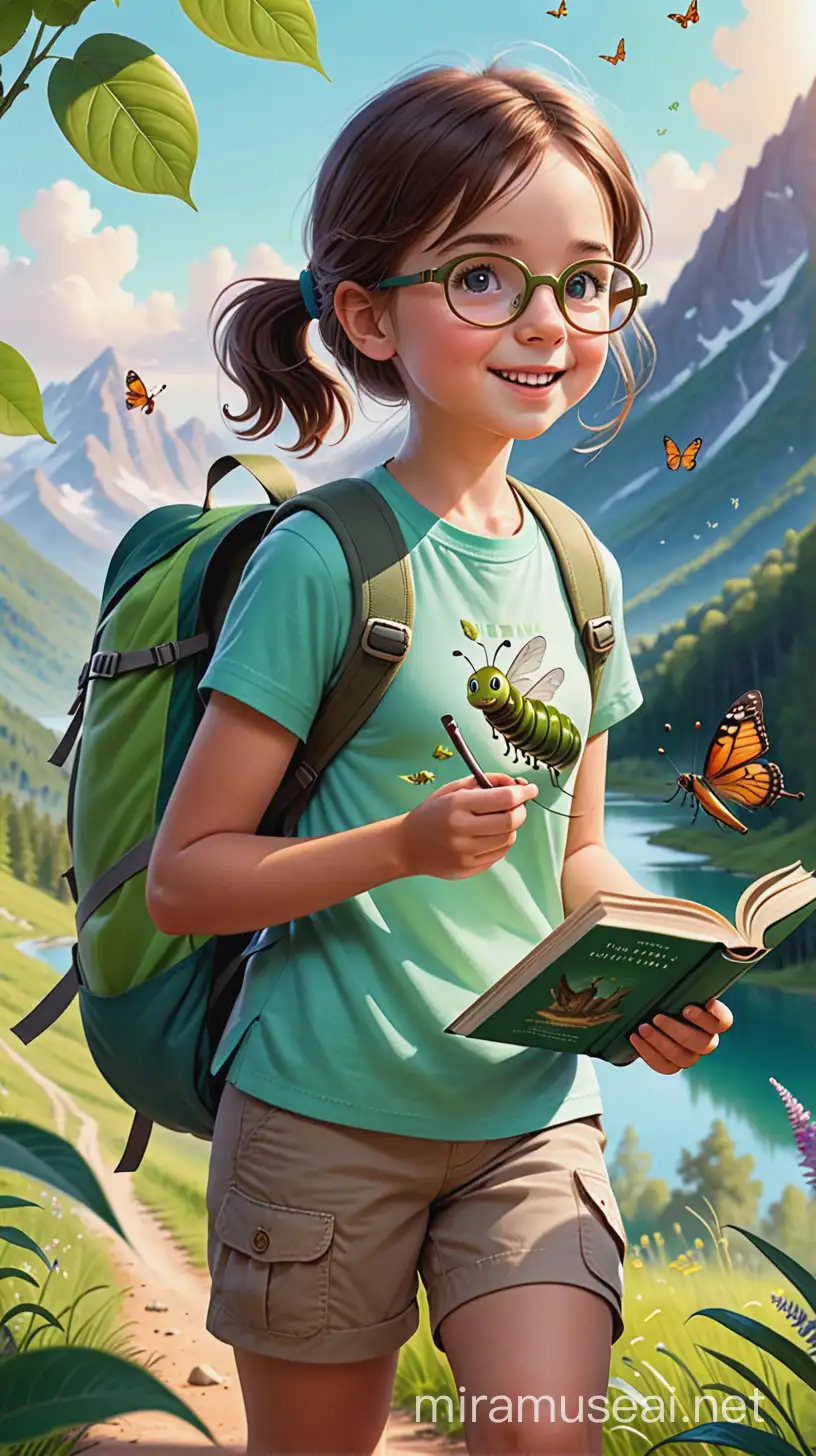 Illustration 
 of young girl hiking with a nature book in hand, binoculars around neck looking happily inquisitively at a caterpillar