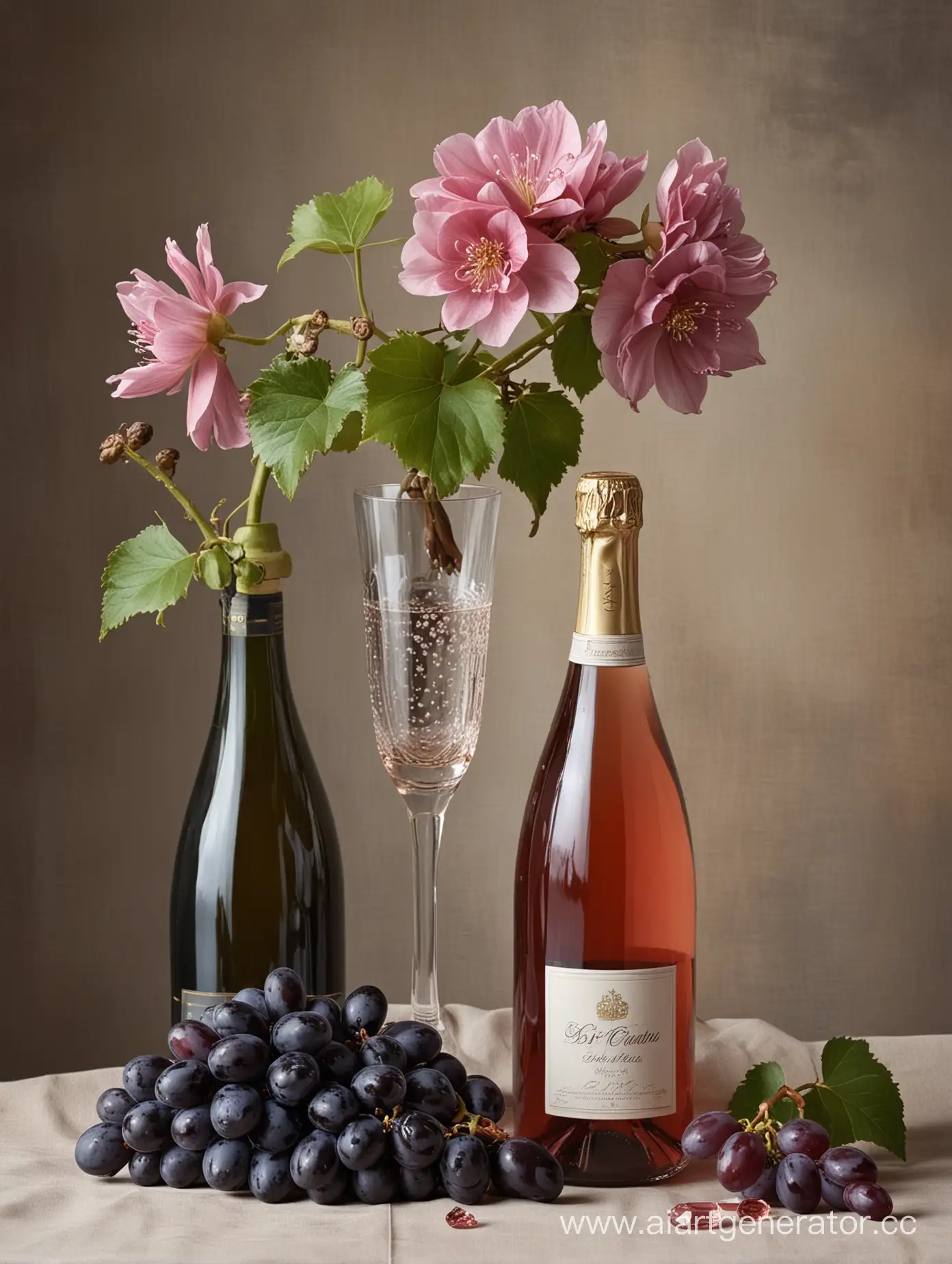 Голландский натюрморт с бутылкой  и хрустальным бокалом игристого розового вина, гроздью темного винограда и цветком