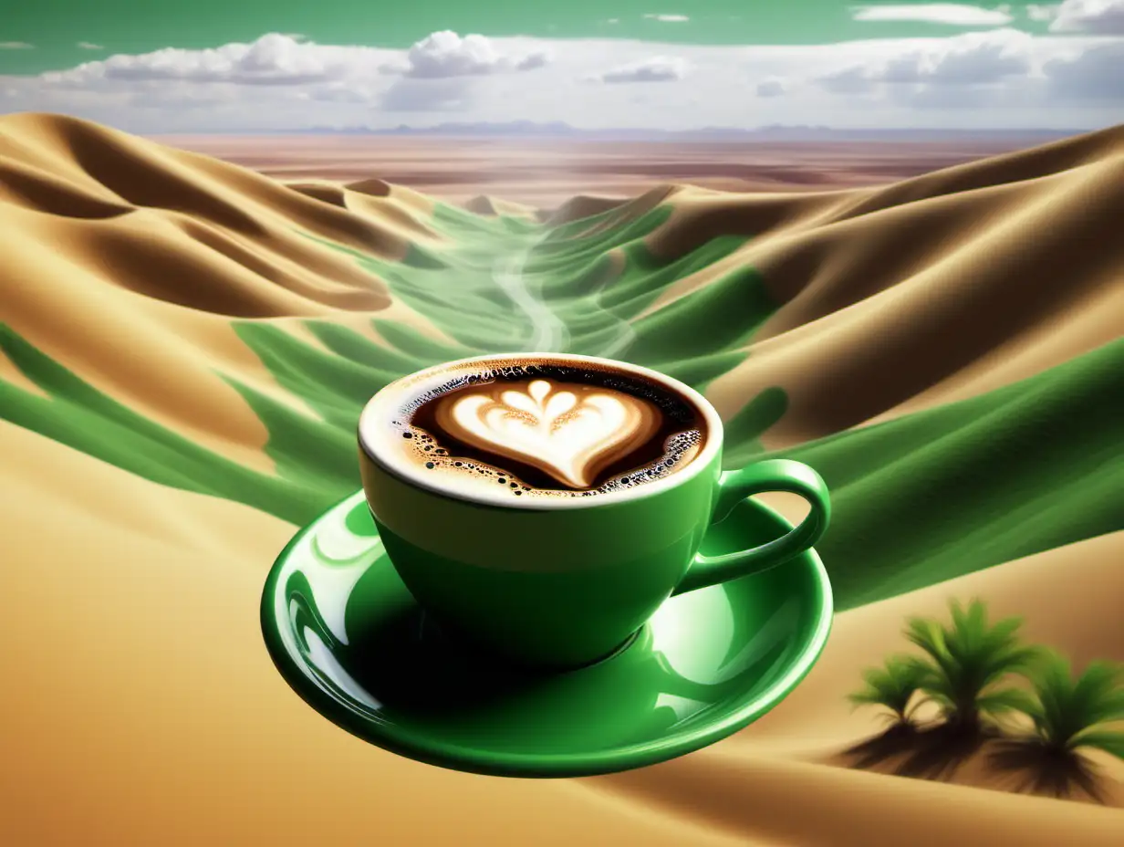photo realistic. lush green. A cup of coffee on  a pilgrimage in a dessert.