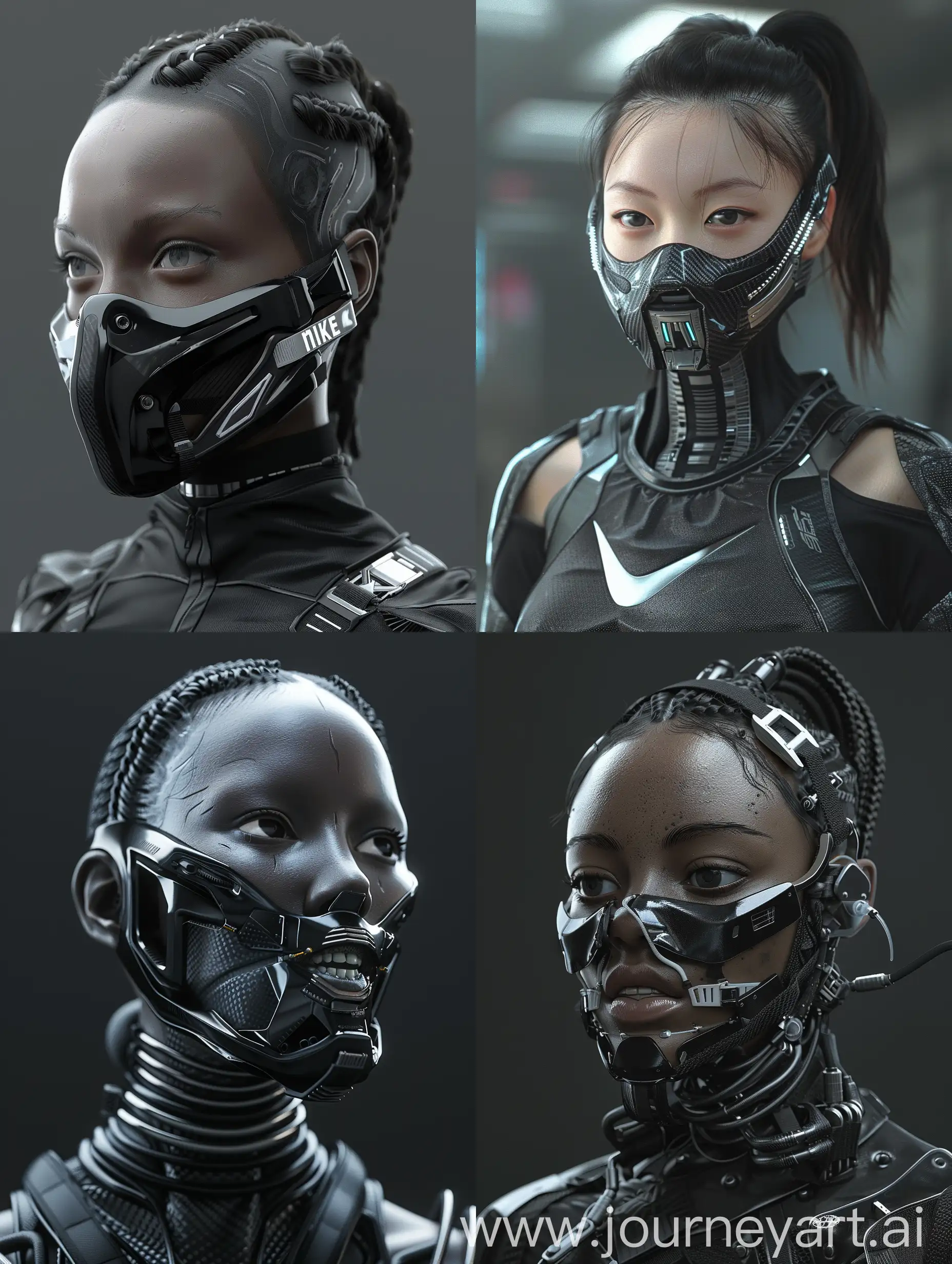 Black Background captivating character adorned with a cybernetic mouth-covering mask, seamlessly blending cutting-edge technology with intricate details such as carbon fiber textures and aluminum accents. This mask, designed to cover only the mouth, showcases the perfect fusion of advanced cybernetic enhancements with futuristic elegance. Symbolizing the delicate equilibrium between humanity and machine, her appearance embodies the essence of a futuristic cyberpunk aesthetic, nike addons, no blur