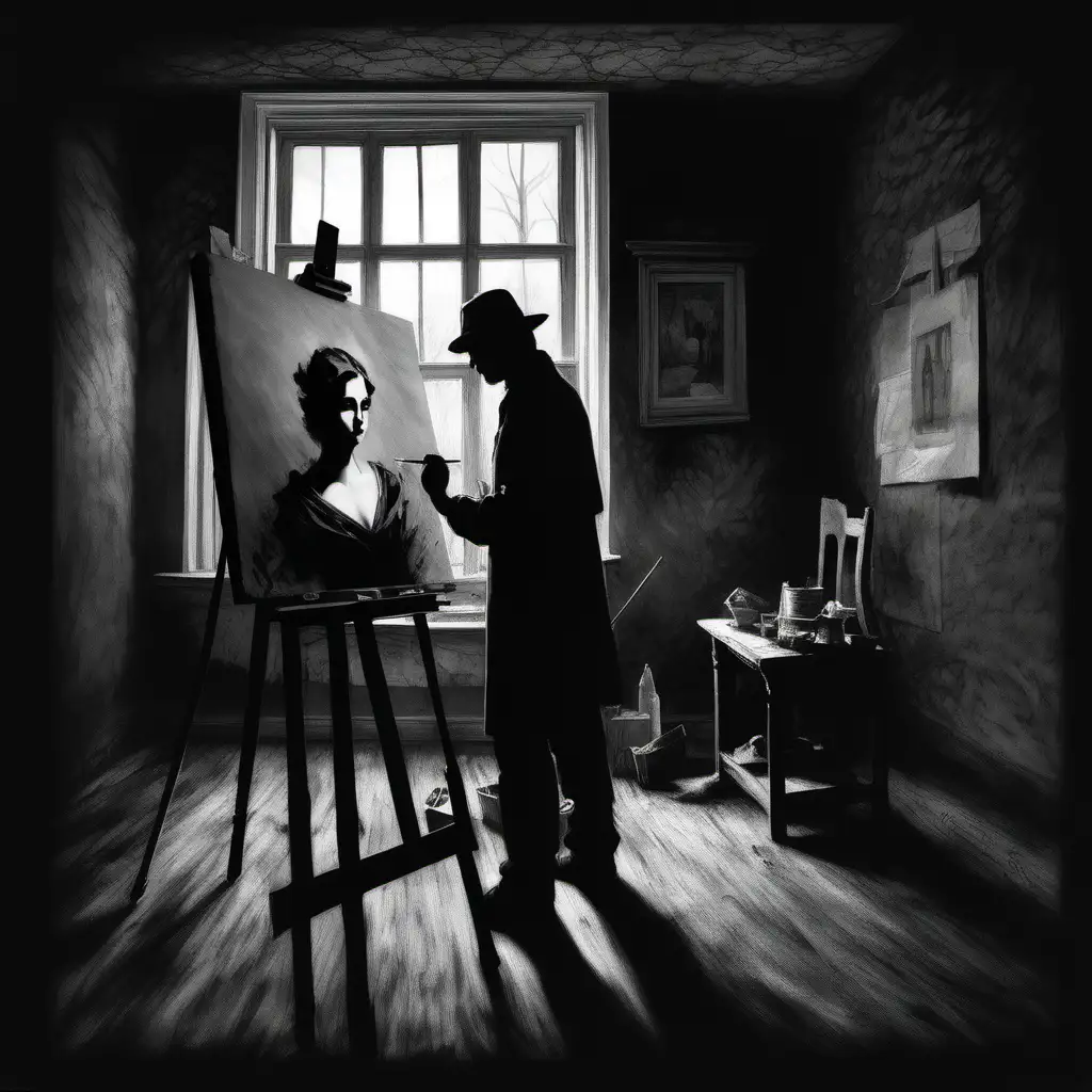 Nostalgic Spring Painting with Dark Shadows in Black and White