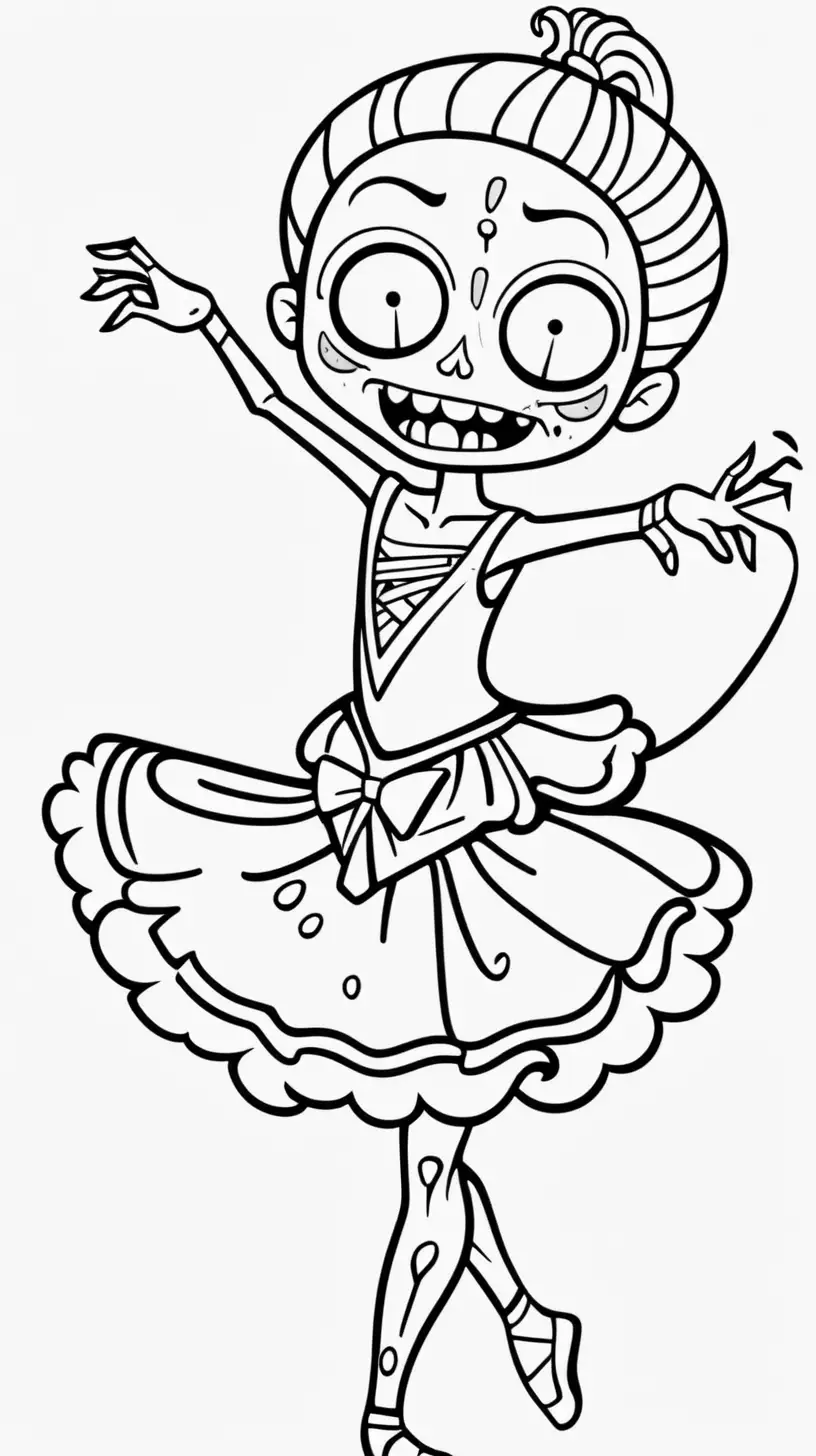 funny cute happy zombie character, black and white coloring image, cartoon  style, thick black lines, ballet dancer