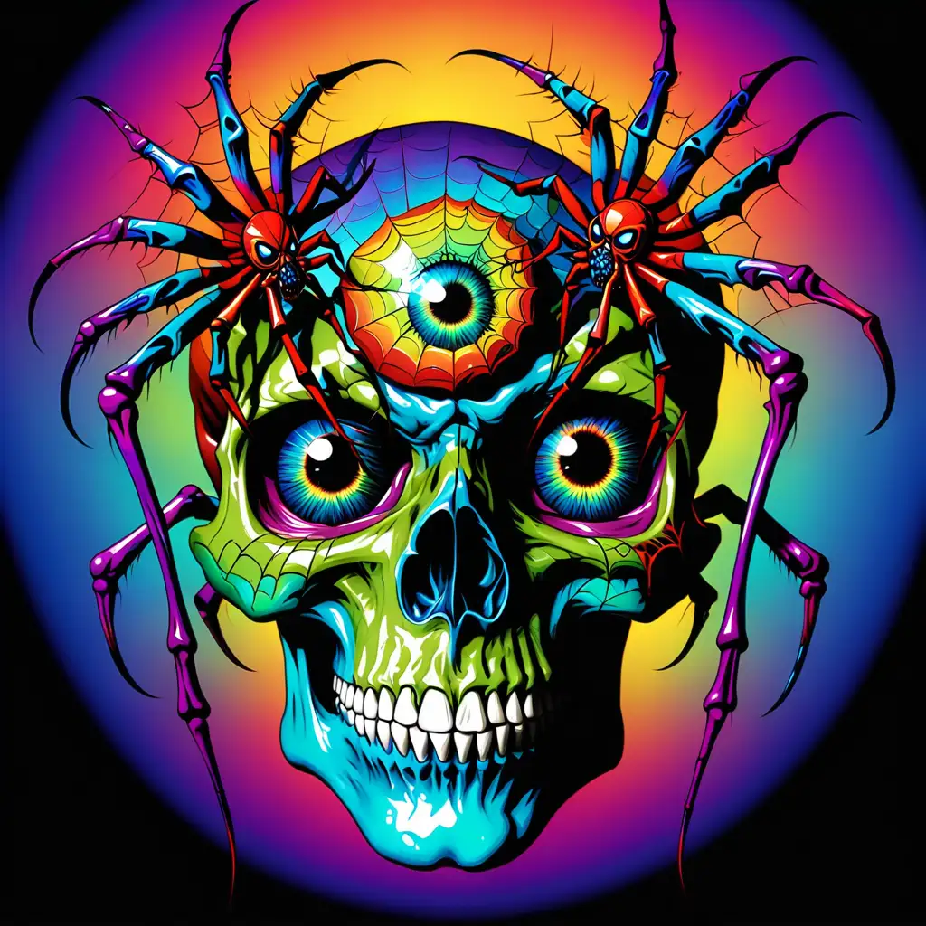 psychedelic image of multicolored skull with a spider in its eye; 400dpi