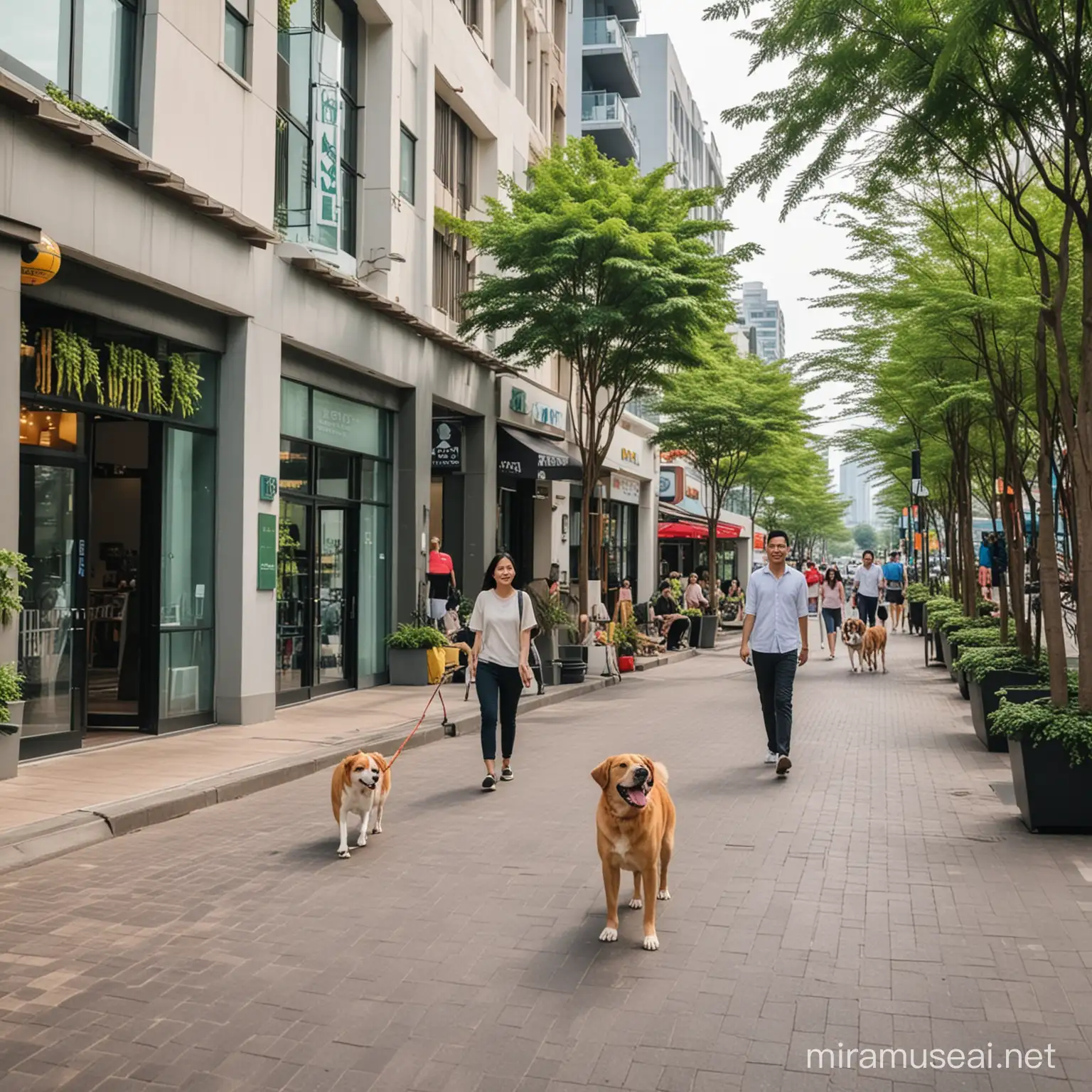 vibrant friendly walkable city with mall, restaurants, green space, high rise office building, low rise condominium buildings, narrow street, asian happy people walking around, some walk with dogs