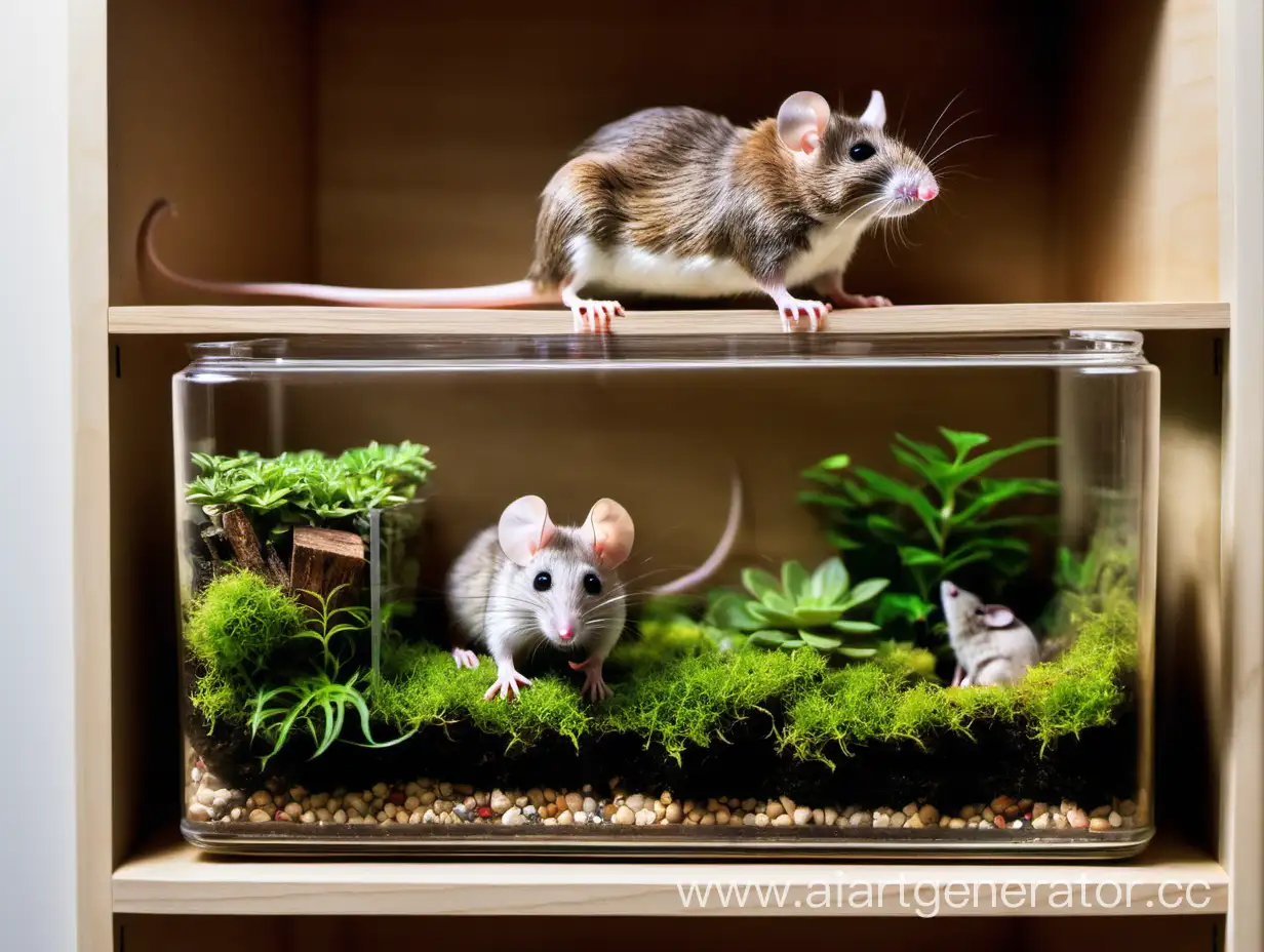 A terrarium in a cabinet near the wall, with a mouse inside the terrarium.


