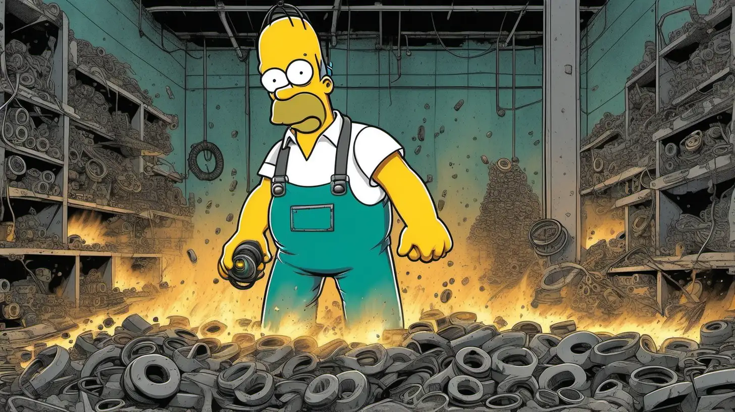 Homer simpson in a concrete factory grinding some large steel rings with a Makita DGA511Z angle grinder and accidentaly setting his boss Montgomery Burns's hair on fire with the million tiny sparks that fly through the air when grinding that ring. Homer is wearing blue suspended overalls, black t-shirt and black work shoes. Around him are the stacks of huge concrete rings and some steel ones.