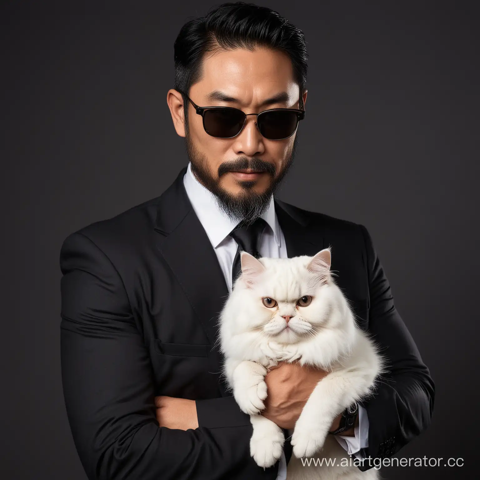 50 year old south east  bearded muscular asian man, in a dark business suit and sunglasses, holding a white persian cat.