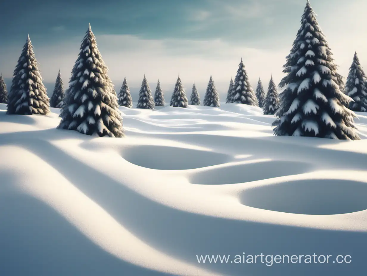 a snow field with snowdrifts, Christmas trees on the sides