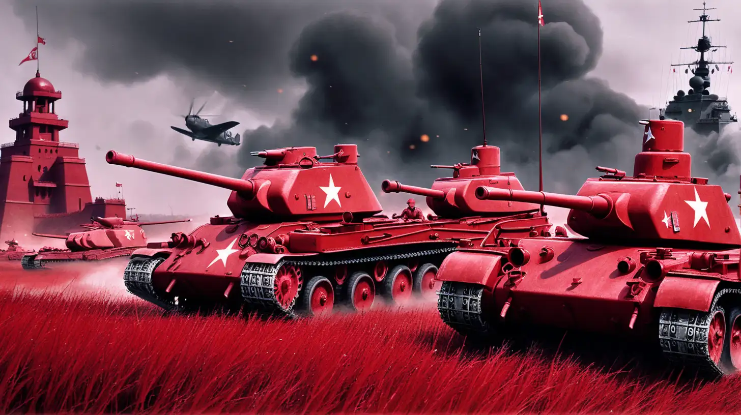 battlefield, WW2, red stronghold, red flag, red command center, red battleships, red tanks, red army, red uniforms