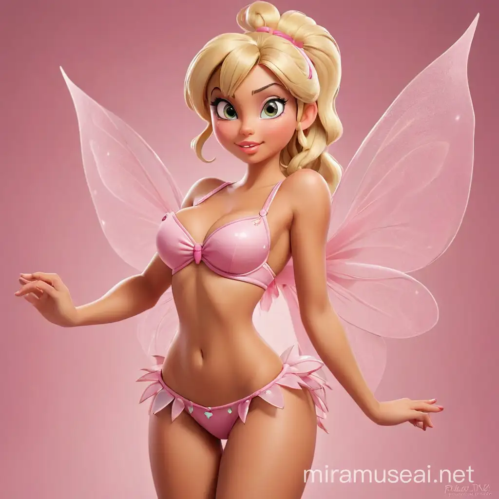 cartoonish style, soft lines, tinker bell, pink faerie, faerie wings, perfect tanned skin bimbo with ponytail, big cartoon eyes, plush lips, heavy bimbo makeup, skimpy bra, skimpy thong, high heels, massive boobs, muscles, slim waist, thin waist,  view from side